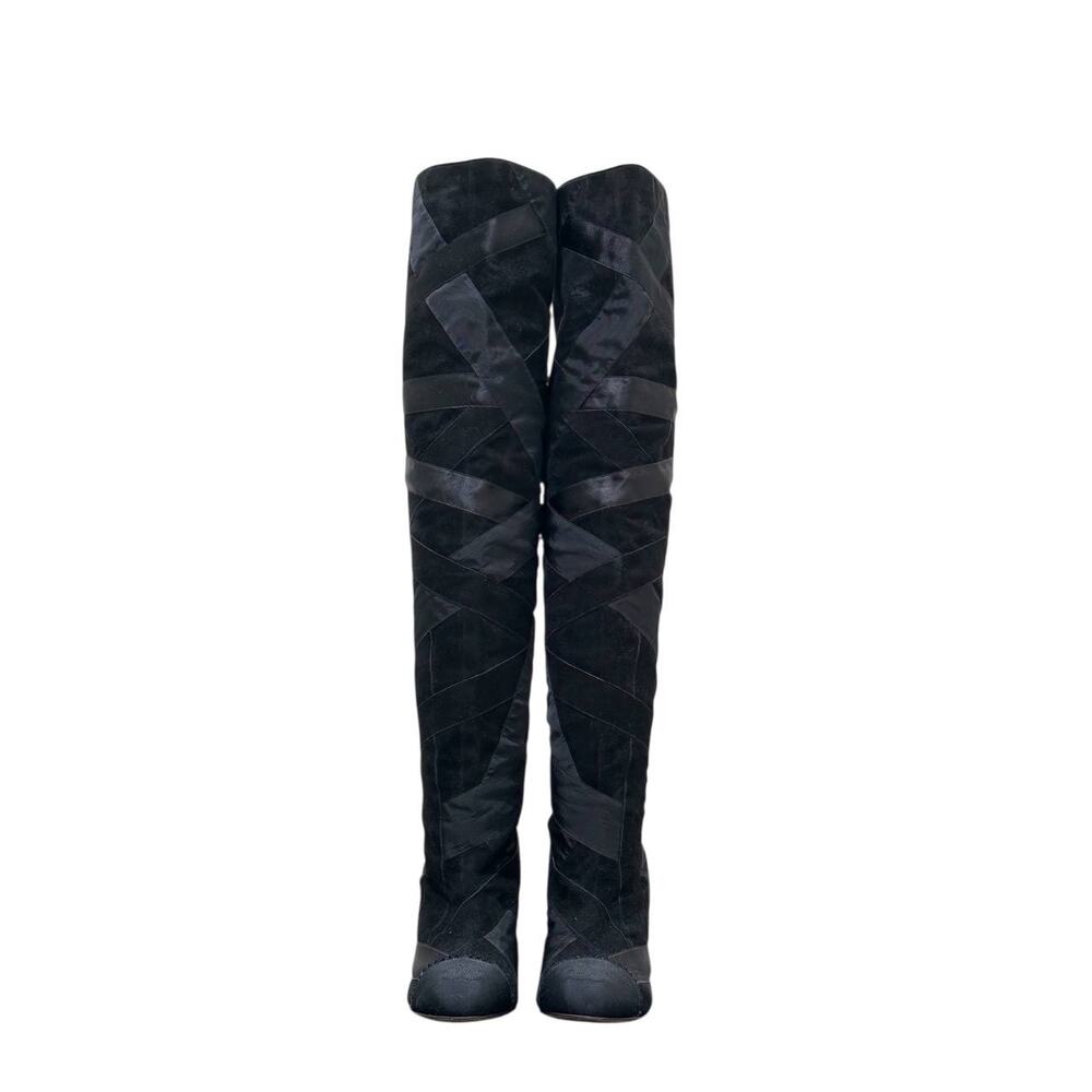 CHANEL Black Suede & Ribbon Patchwork Over Knee Boots Sz.38 - Picture 3 of 8
